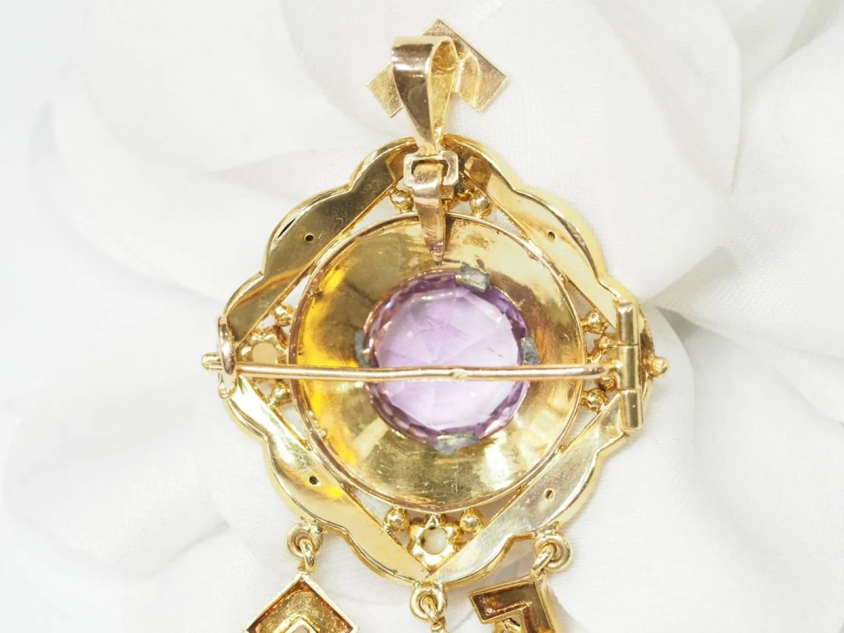 Napoleon III pendant brooch in yellow gold, amethyst and fine pearls - Image 4
