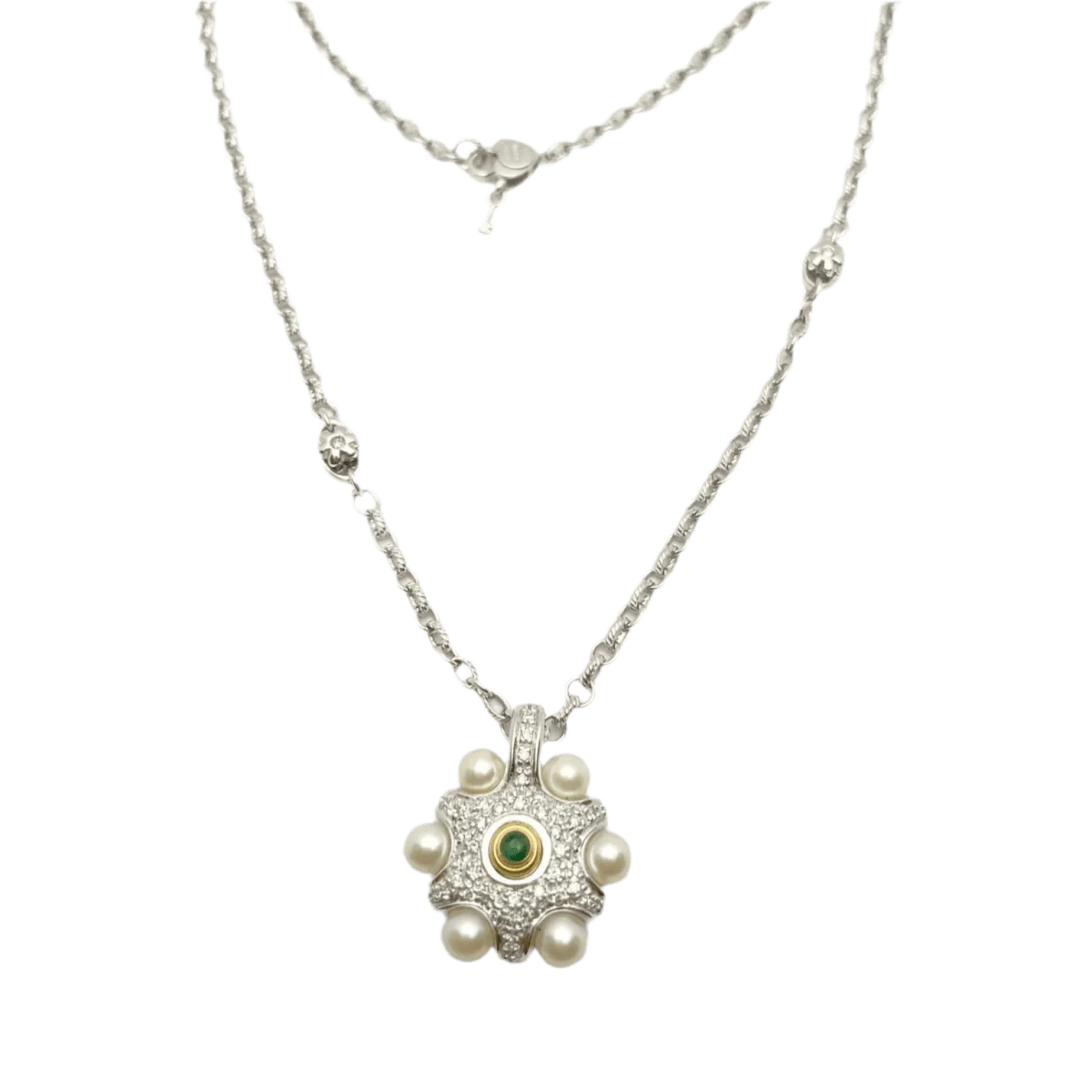 Pendant necklace in white gold, yellow gold, emerald, pearls and diamonds - Image 2