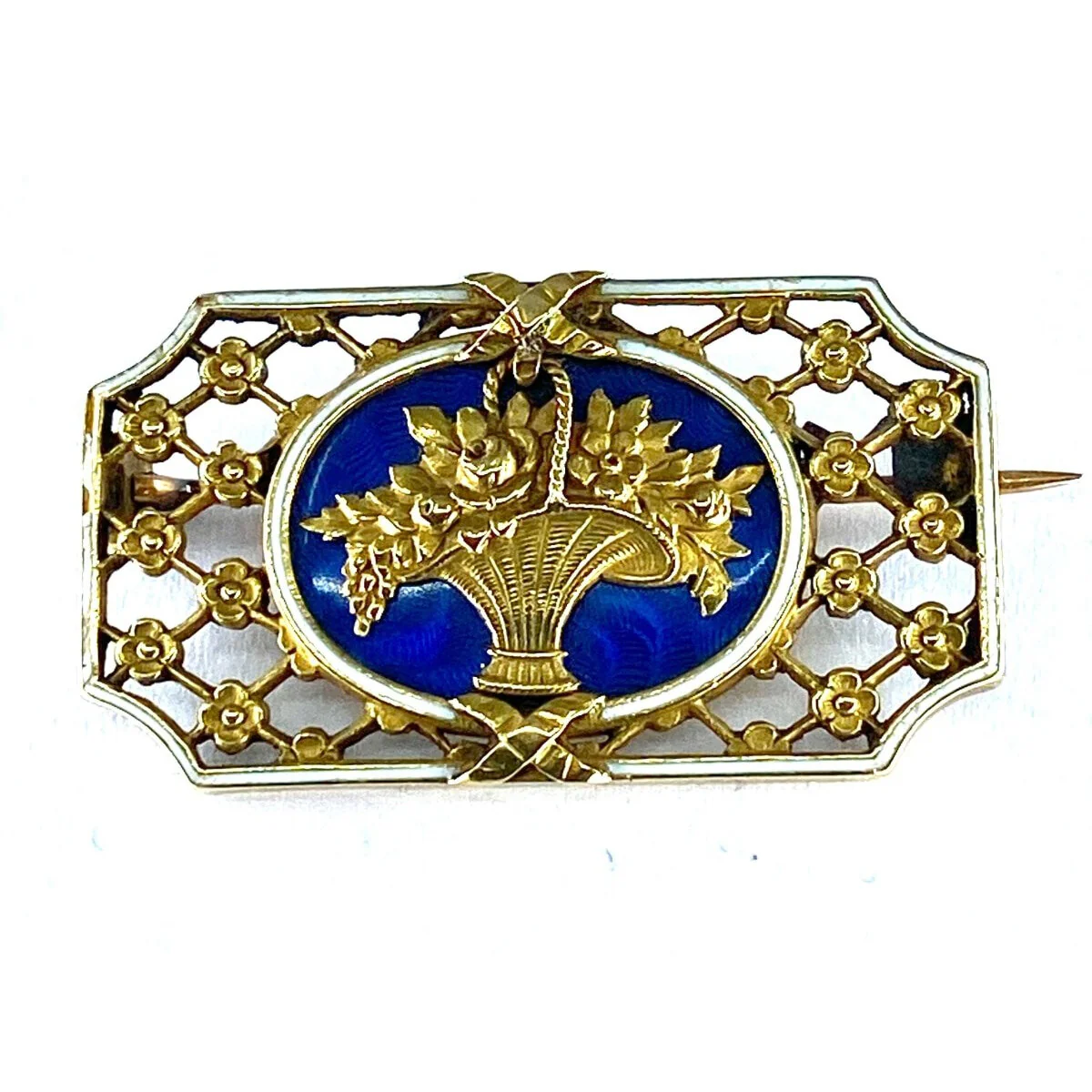 18-carat gold brooch: flowered basket, blue and white enamel.Napoleon III. - Image 3