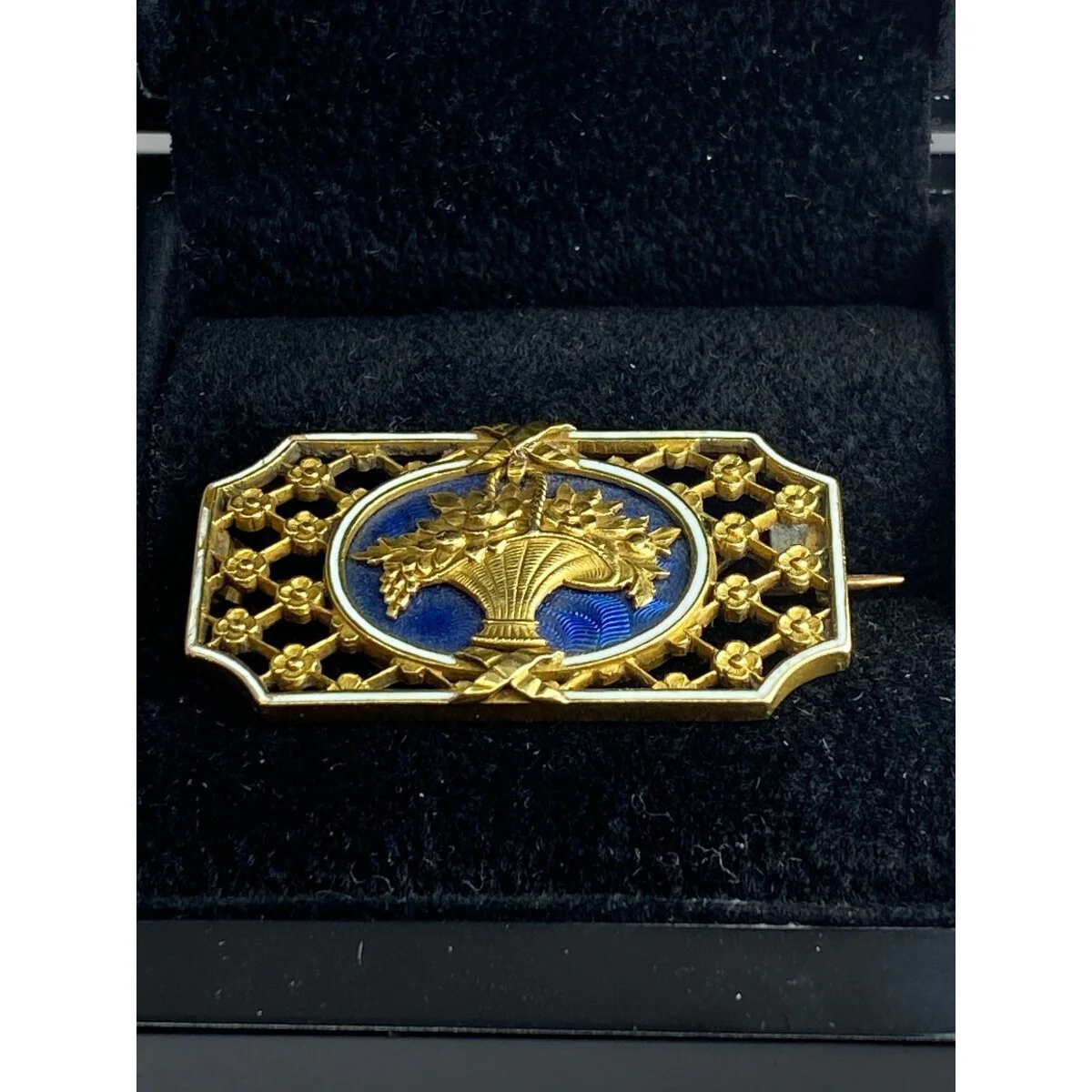 18-carat gold brooch: flowered basket, blue and white enamel.Napoleon III. - Image 4