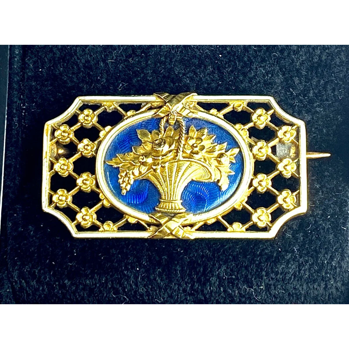 18-carat gold brooch: flowered basket, blue and white enamel.Napoleon III. - Image 5