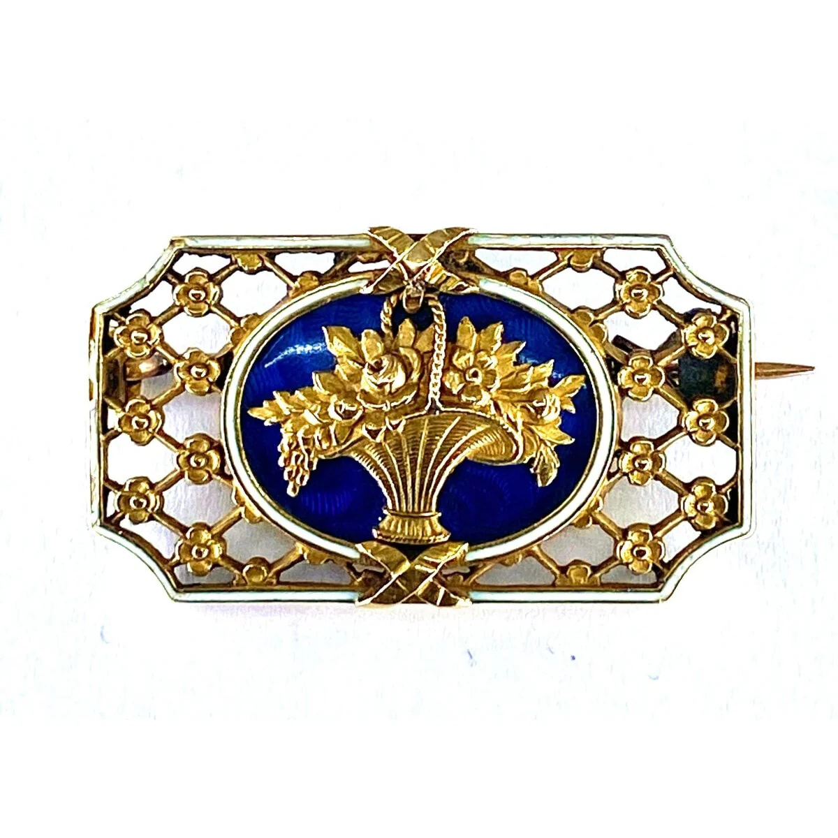 18-carat gold brooch: flowered basket, blue and white enamel.Napoleon III. - Image 7
