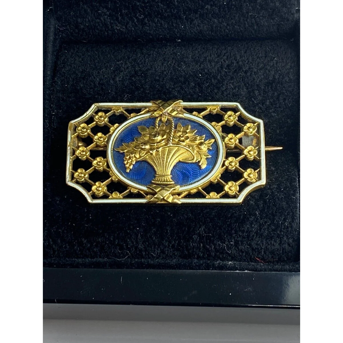 18-carat gold brooch: flowered basket, blue and white enamel.Napoleon III. - Image 8