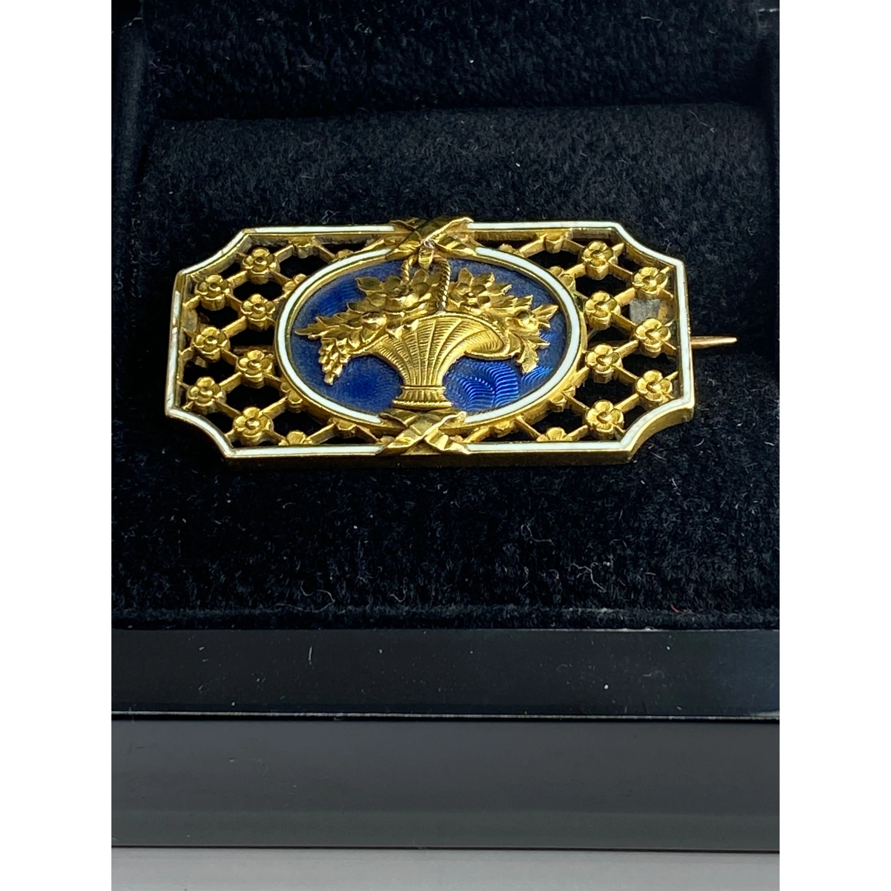 18-carat gold brooch: flowered basket, blue and white enamel.Napoleon III. - Image 9
