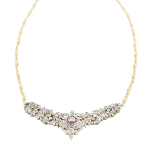 Necklace in yellow gold, silver, rubies and diamonds