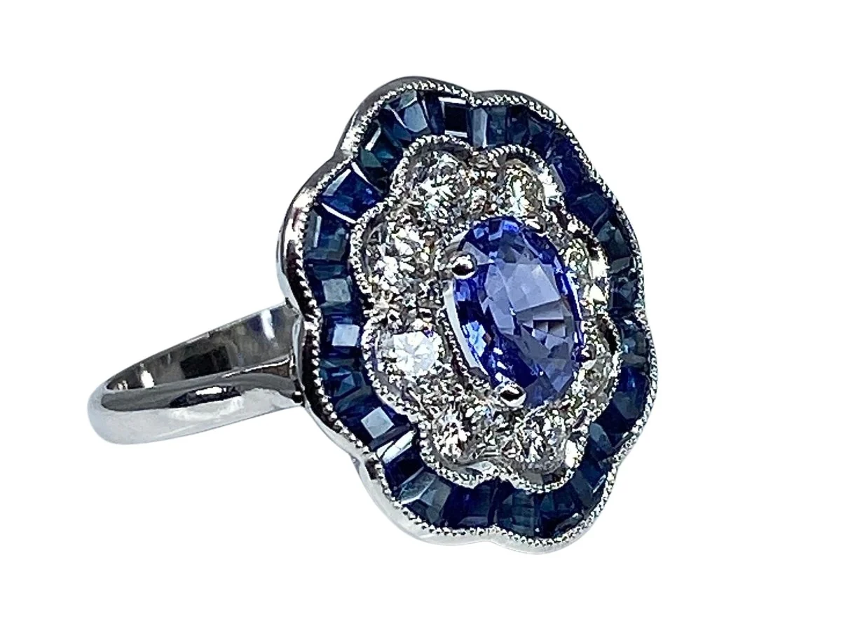18k White Gold Sapphire and Diamond Daisy Ring - Image 3