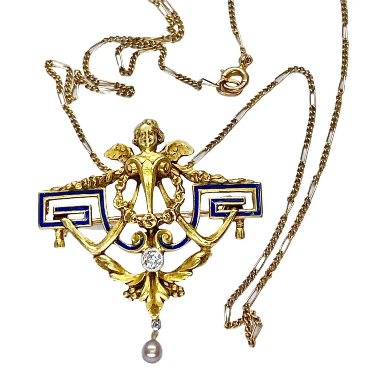 Brooch at yellow gold, pearl and diamond - Image 3