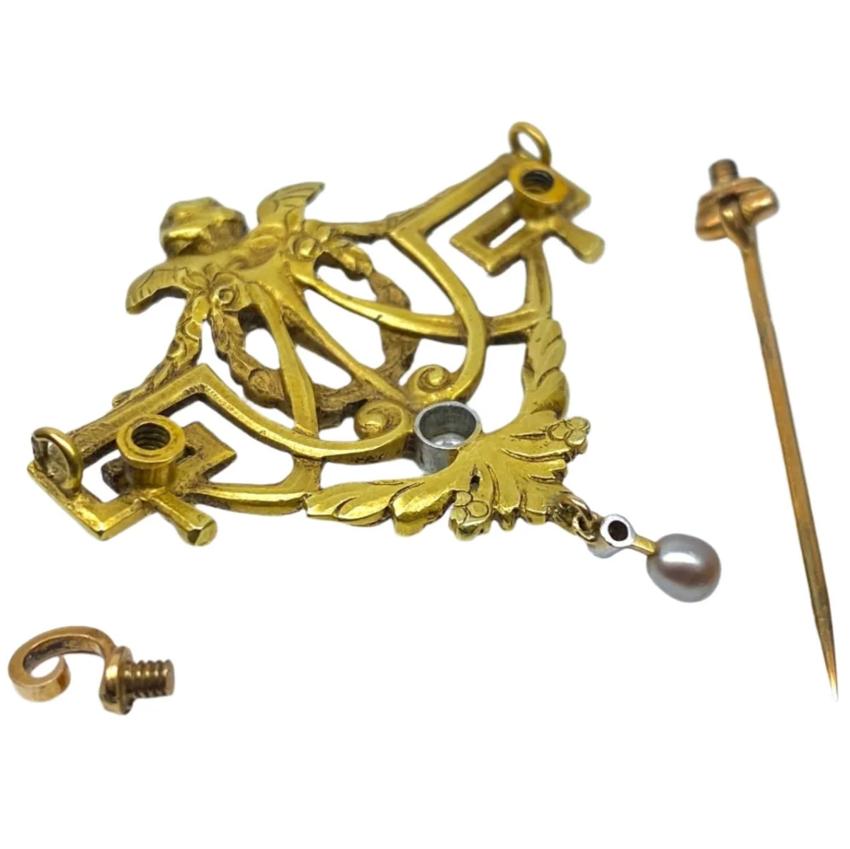 Brooch at yellow gold, pearl and diamond - Image 4