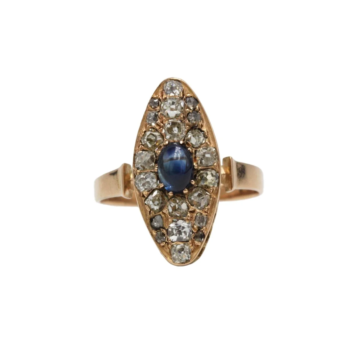 Marquise ring in yellow gold, sapphire and diamonds