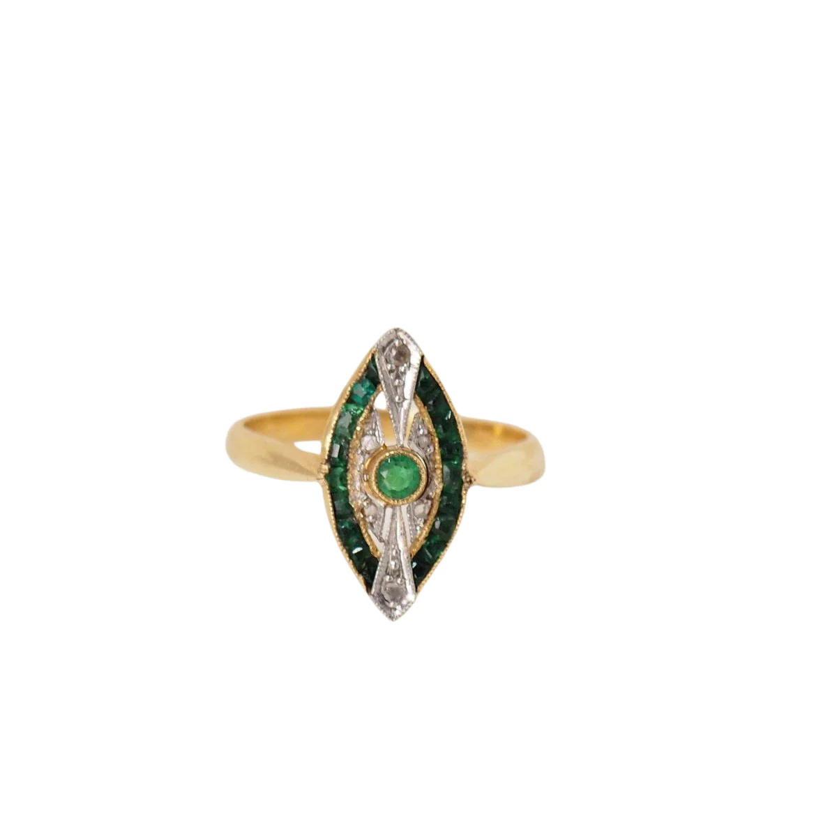 Marquise ring in 18-carat yellow gold, emeralds and diamonds