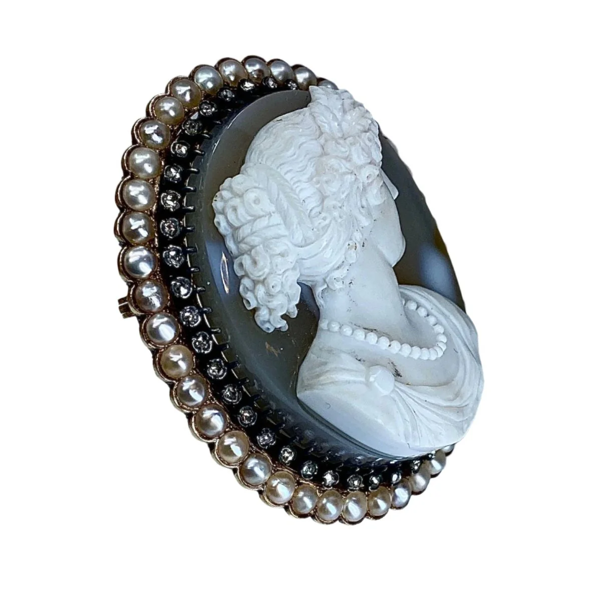 Brooch Cameo in yellow gold, agate, pearls and diamonds - Image 4