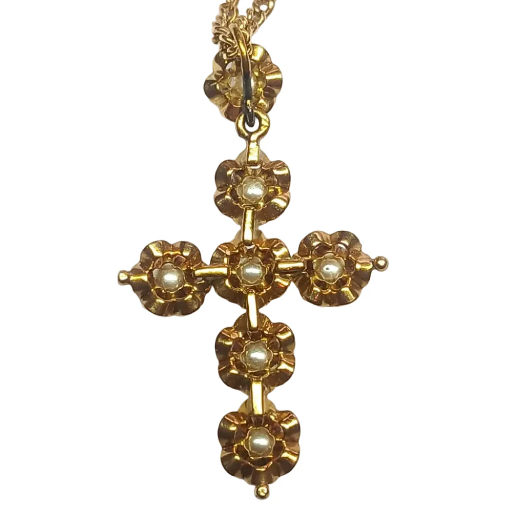 Antique gold and pearl cross and chain, 19th century - Image 2