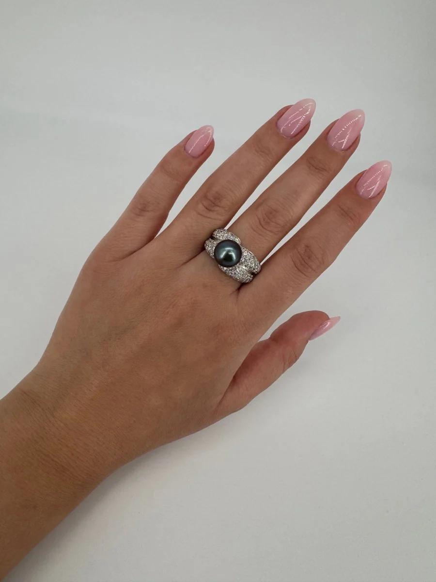 White gold ring (750) with approximately 3 carats of diamonds and a Tahitian pearl - Image 4