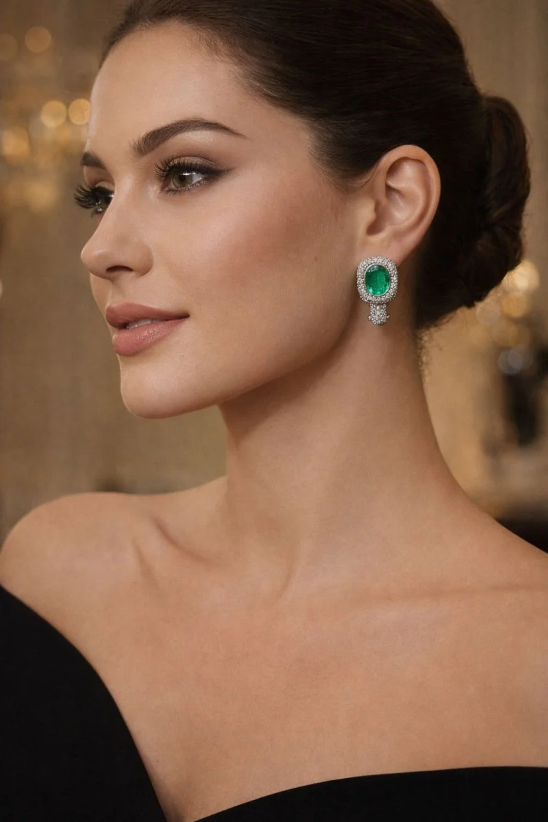 PENDIENTES EN ORO BLANCO CON ESMERALDAS OVALES Y DIAMANTES - Image 4
