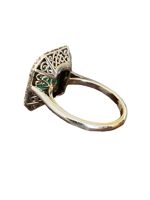 Art Deco ring, in 18k white gold with emerald and diamonds  - Image 2