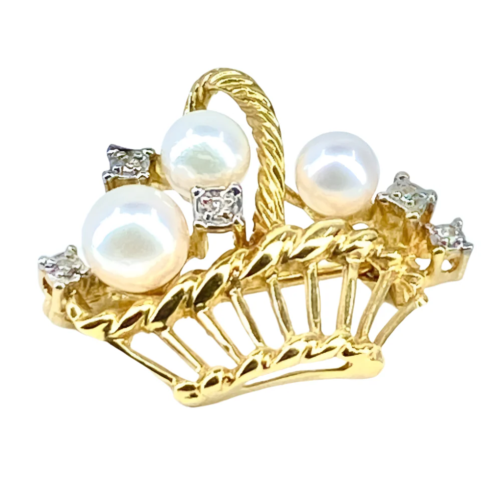 Brooch basket in yellow gold 18 carats, 3 pearls and 5 diamonds - Image 5