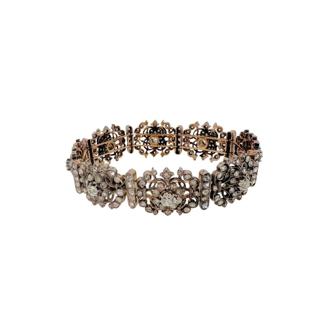 Bracelet in yellow gold, silver and diamonds