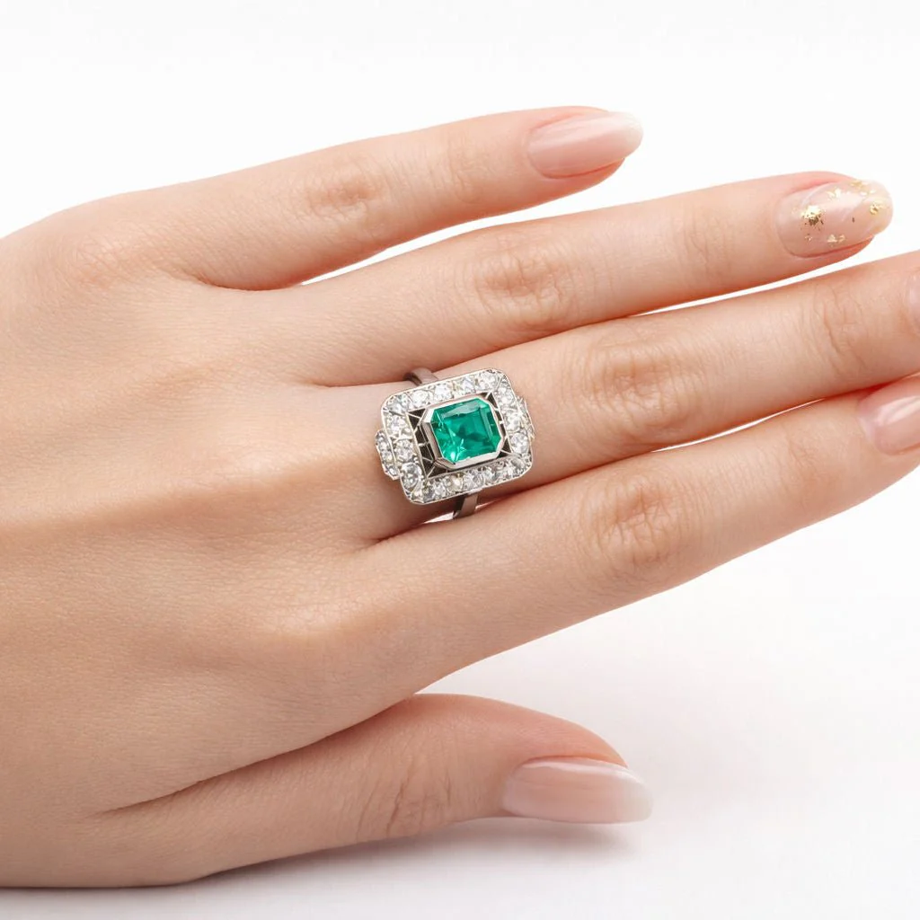 ANILLO EN PLATINO CON UNA ESMERALDA Y DIAMANTES - Image 2