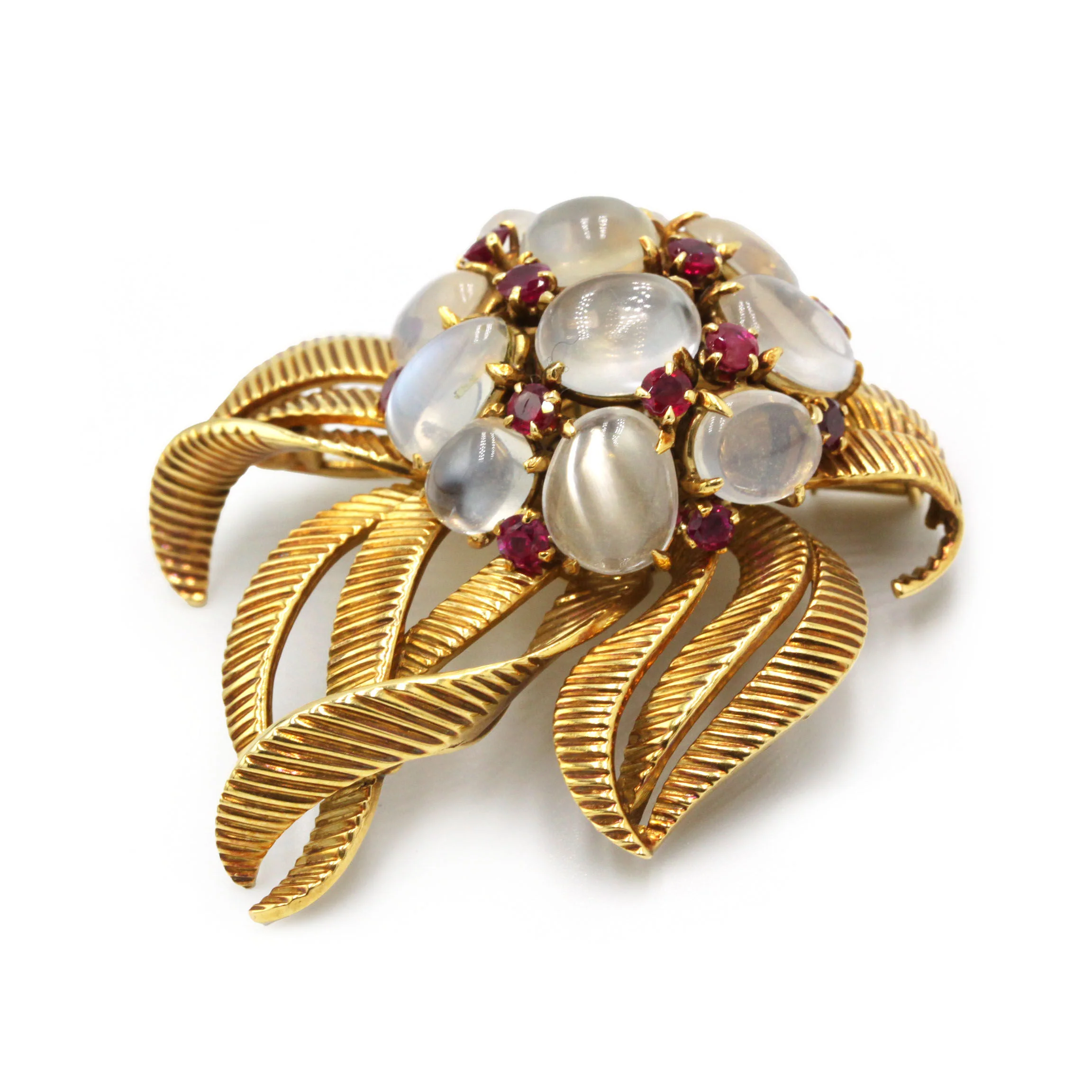 Brooch Pin in yellow gold, rubies and moonstones - Image 3