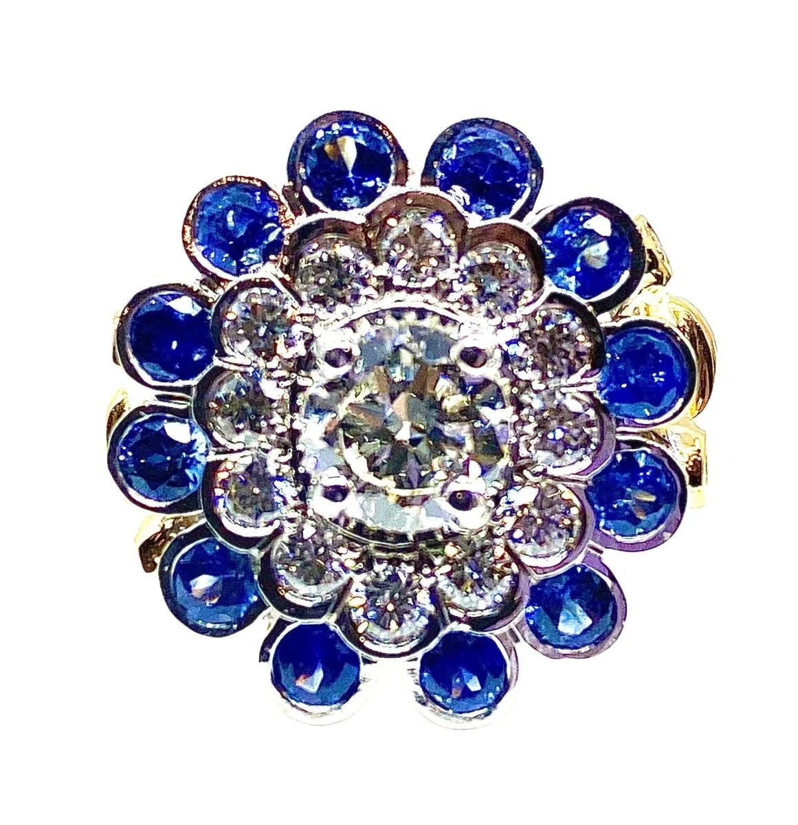 Ring in yellow gold, white gold, sapphires and diamonds