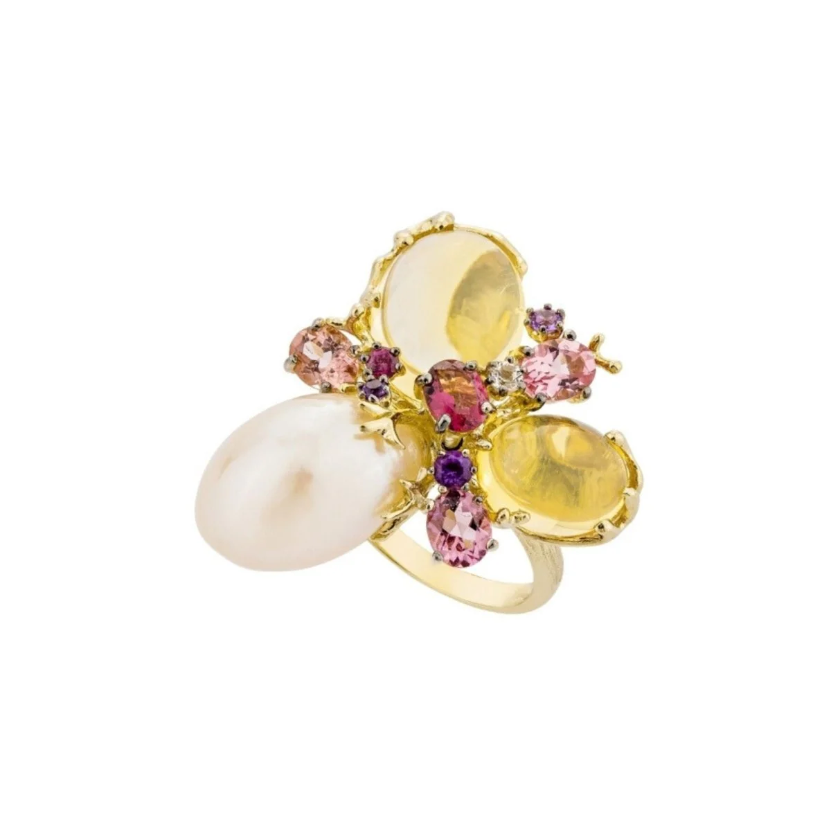 18-carat yellow gold ring with a pearl and citrines – Size EU54