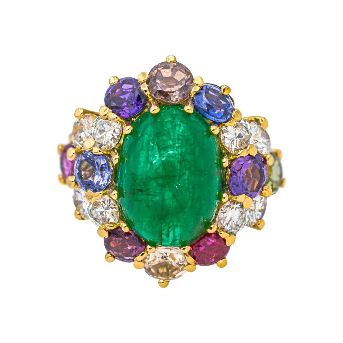 Yellow gold cocktail ring with emerald, sapphires, rubies, topazes and diamonds