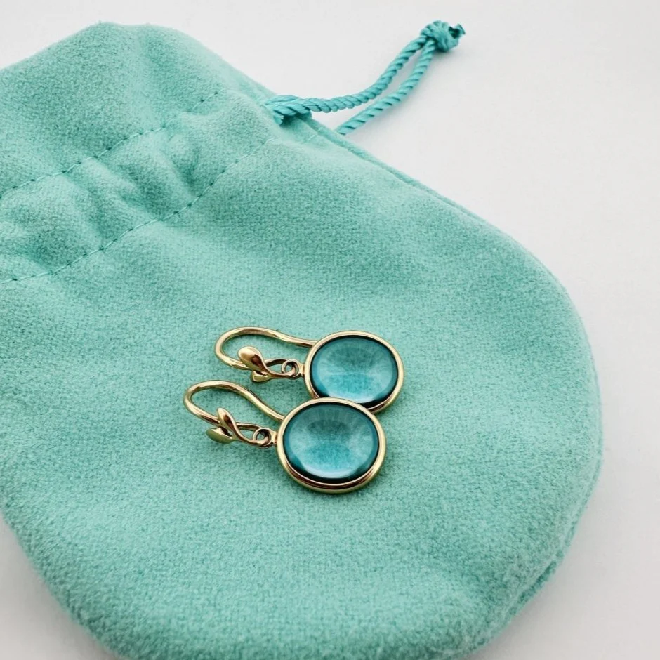 TIFFANY & CO “Olive Leaf” Dangling Earrings, in yellow gold and blue topazes - Image 3
