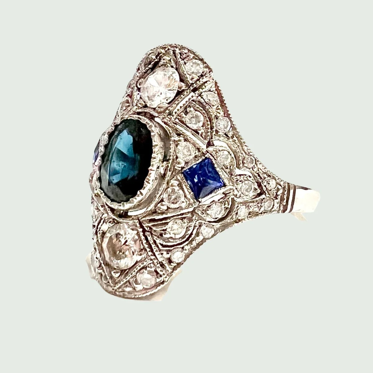 Platinum, sapphire and diamond ring