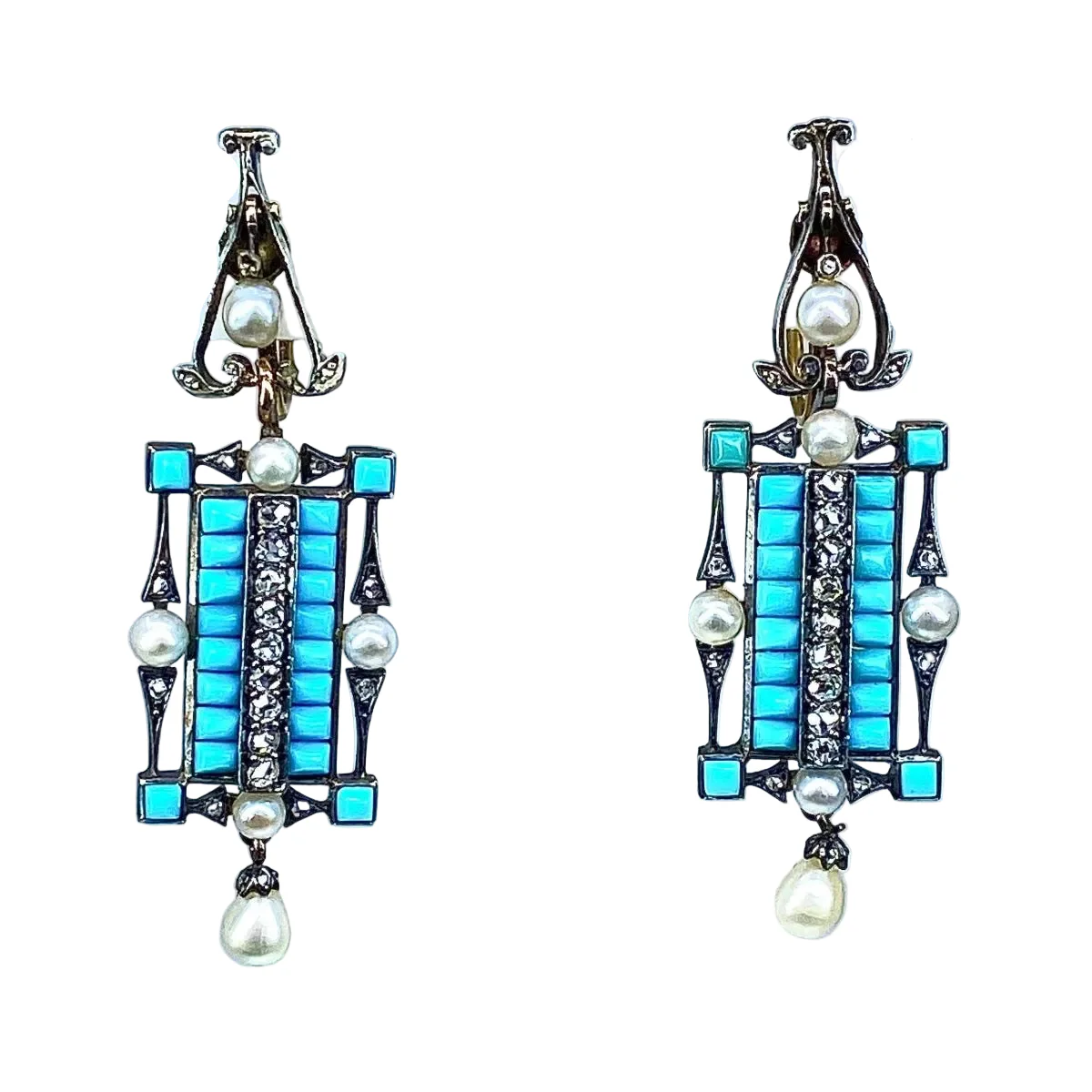 Pendant earrings in white gold, silver, turquoise, pearls and diamonds