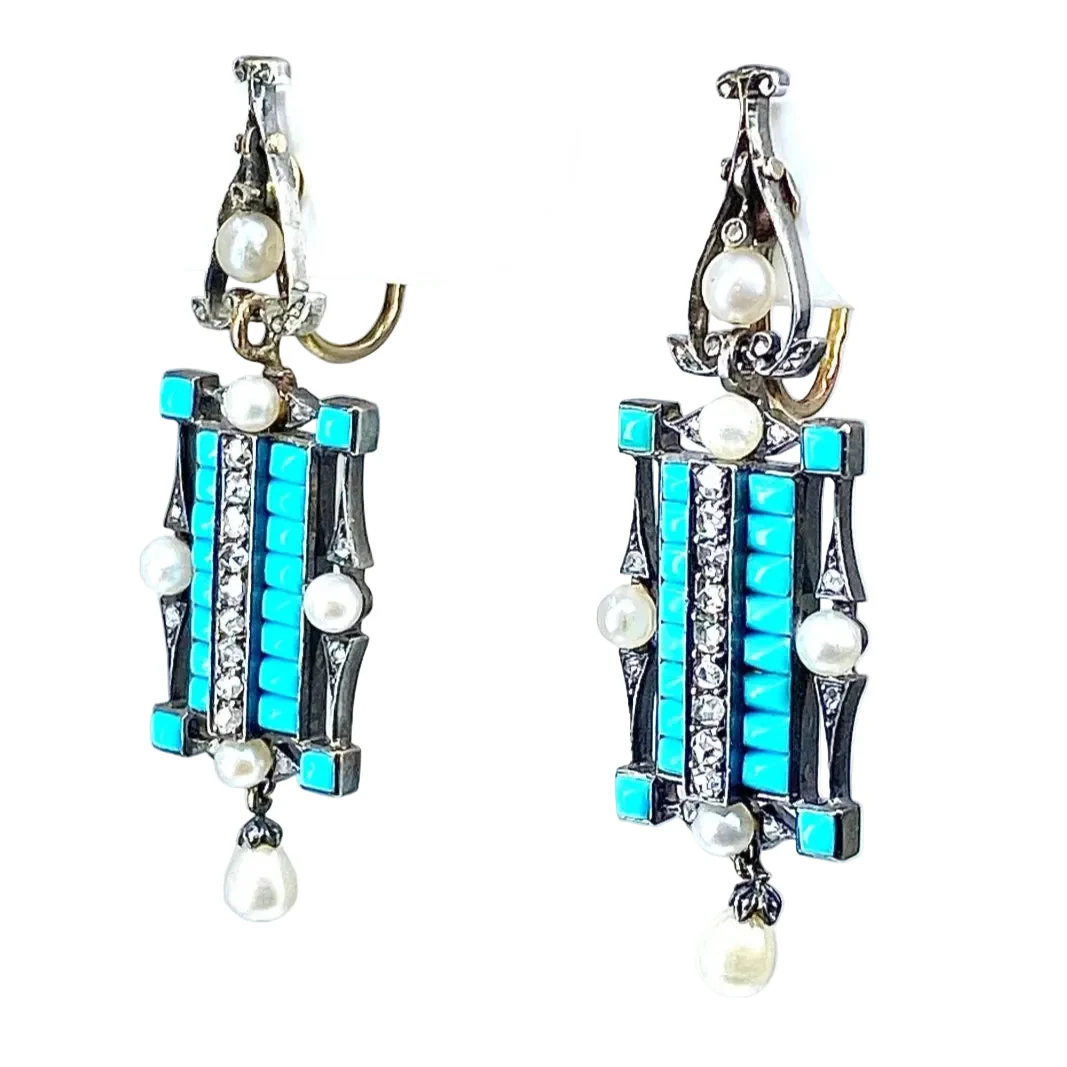 Pendant earrings in white gold, silver, turquoise, pearls and diamonds - Image 2