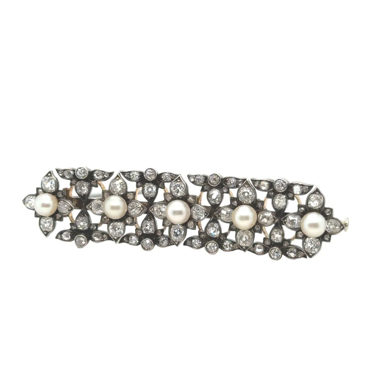 Gold, silver, pearl and diamond brooch pin