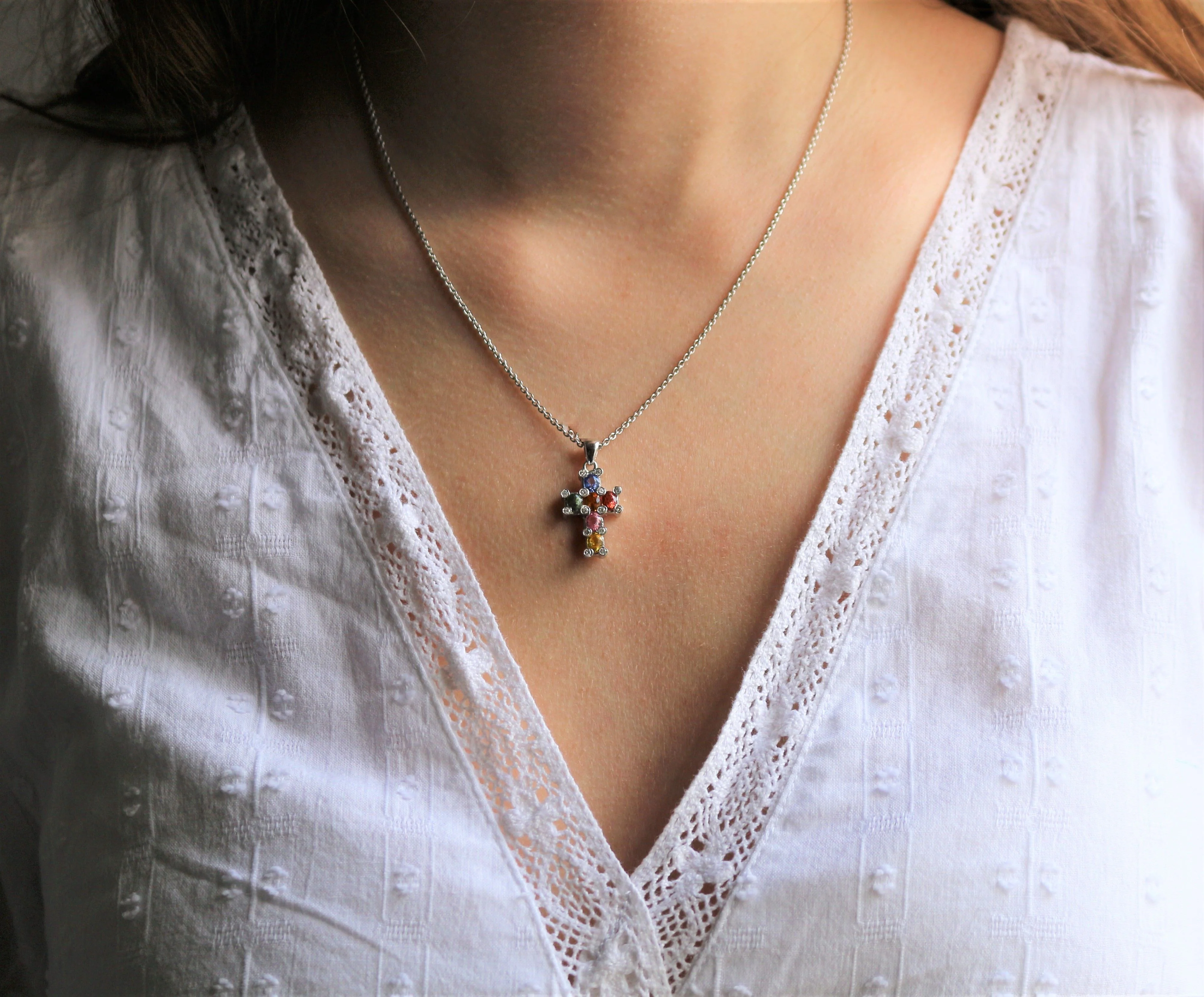 White Gold Sapphire Cross Necklace - Image 8