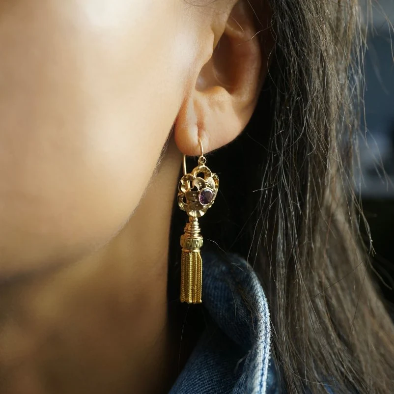 Earrings Pendants yellow gold and amethyst rose - Image 2