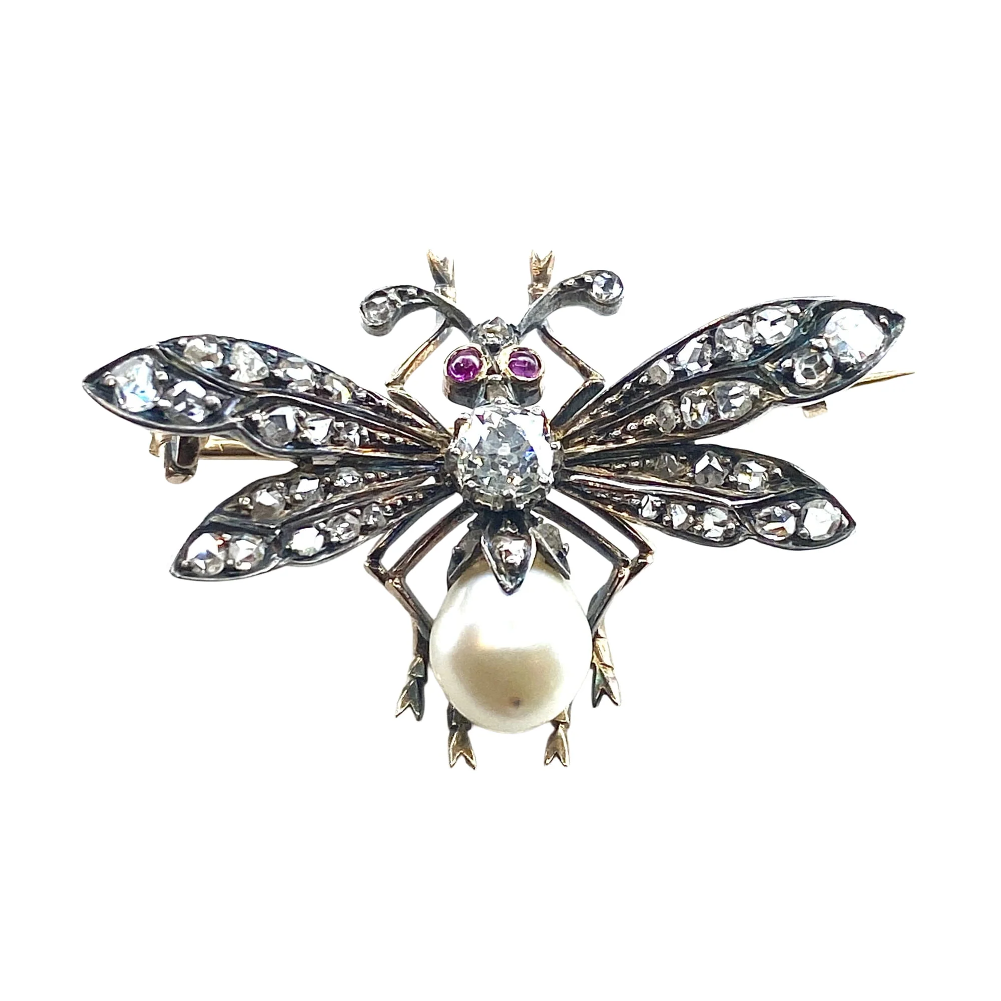 18 carat gold and silver fly brooch with diamonds and fine pearls circa 1850
