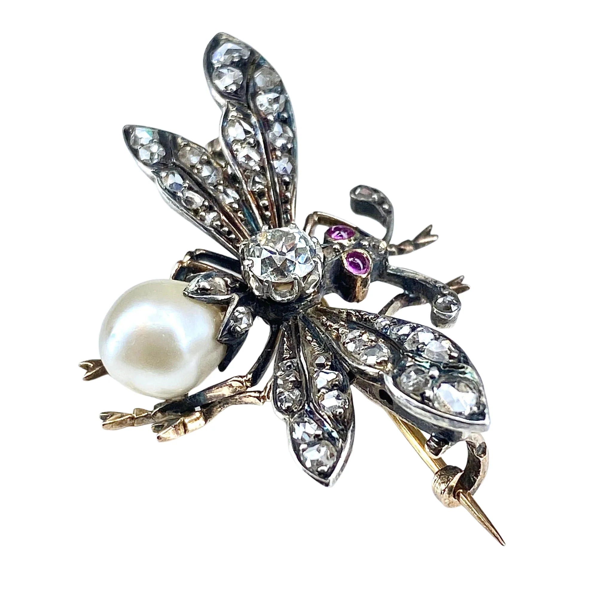 18 carat gold and silver fly brooch with diamonds and fine pearls circa 1850 - Image 2