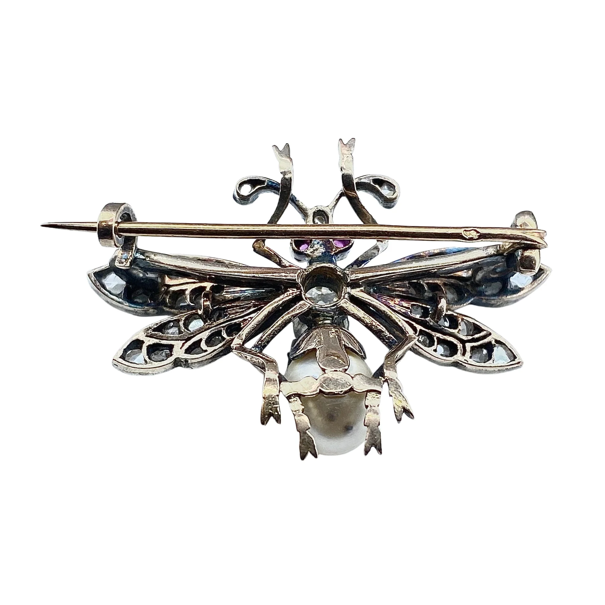 18 carat gold and silver fly brooch with diamonds and fine pearls circa 1850 - Image 3