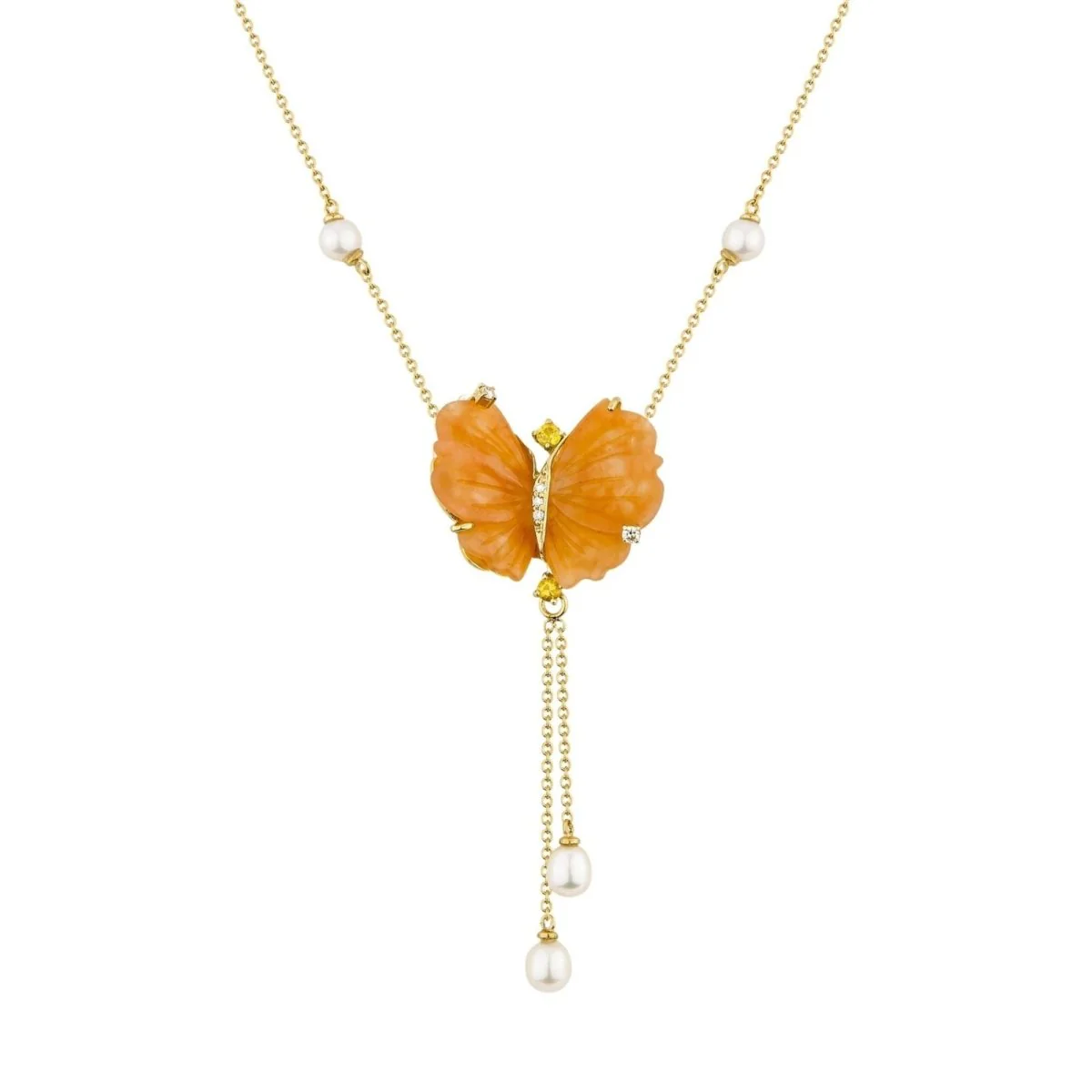 Yellow Gold Butterfly Necklace with Peach-Colored Quartzite, Tourmalines, and Diamonds