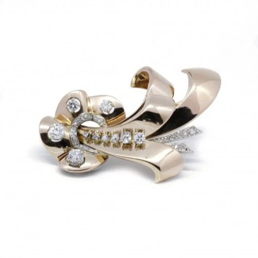 Ribbon brooch in yellow gold and diamonds