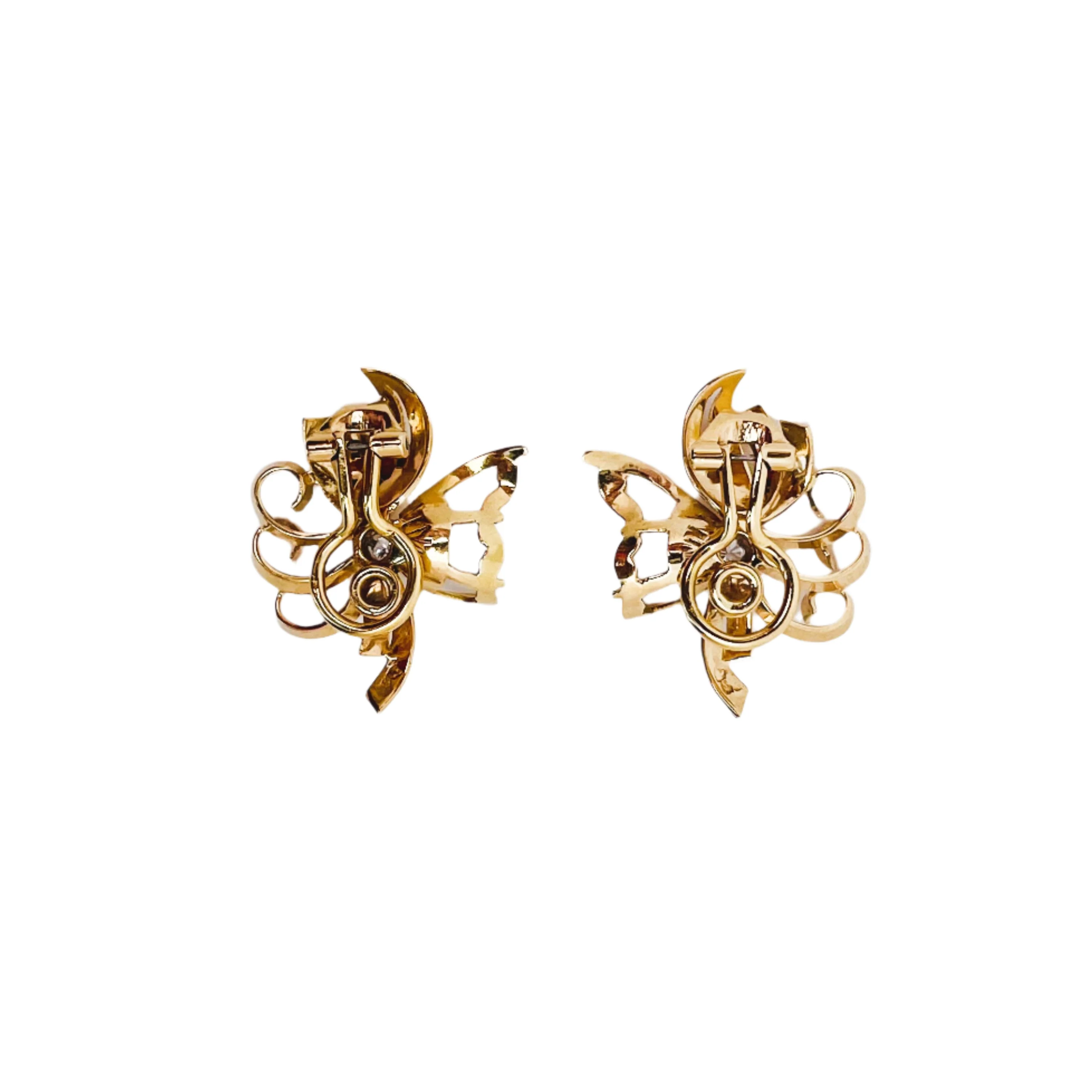 Diamond flower clip-on earrings in yellow gold and platinum - Image 4