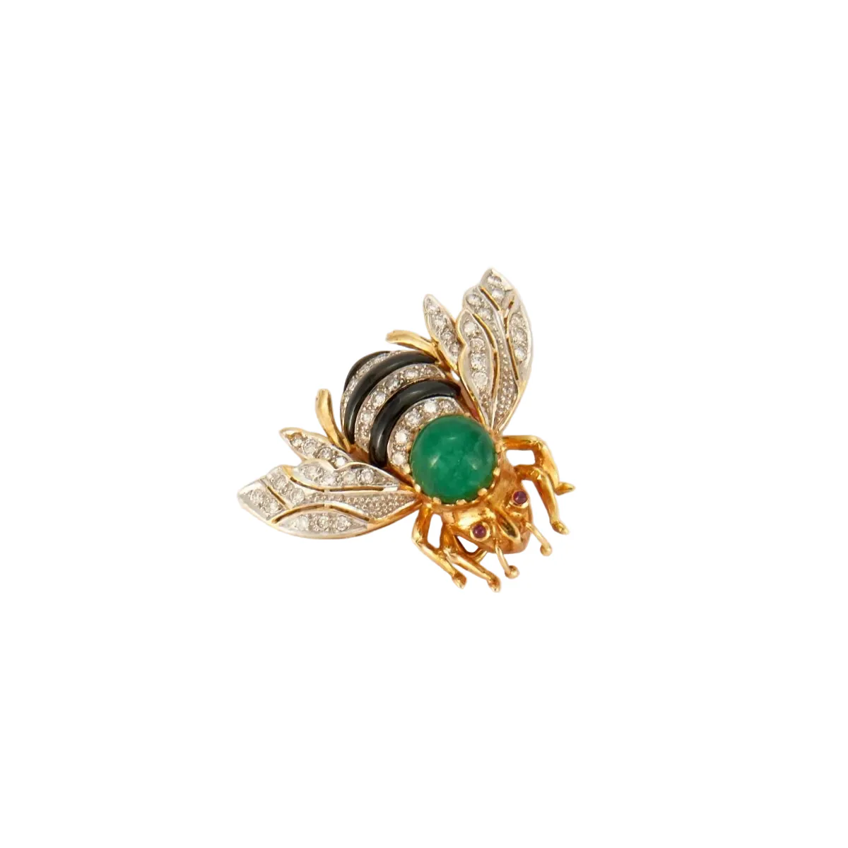 Bee clip brooch in yellow gold, rubies, emeralds and diamonds