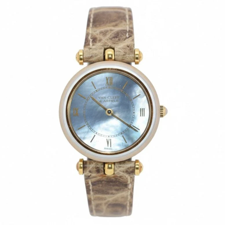 VAN CLEEF & ARPELS "Pierre Arpels" watch in yellow gold, leather and mother-of-pearl