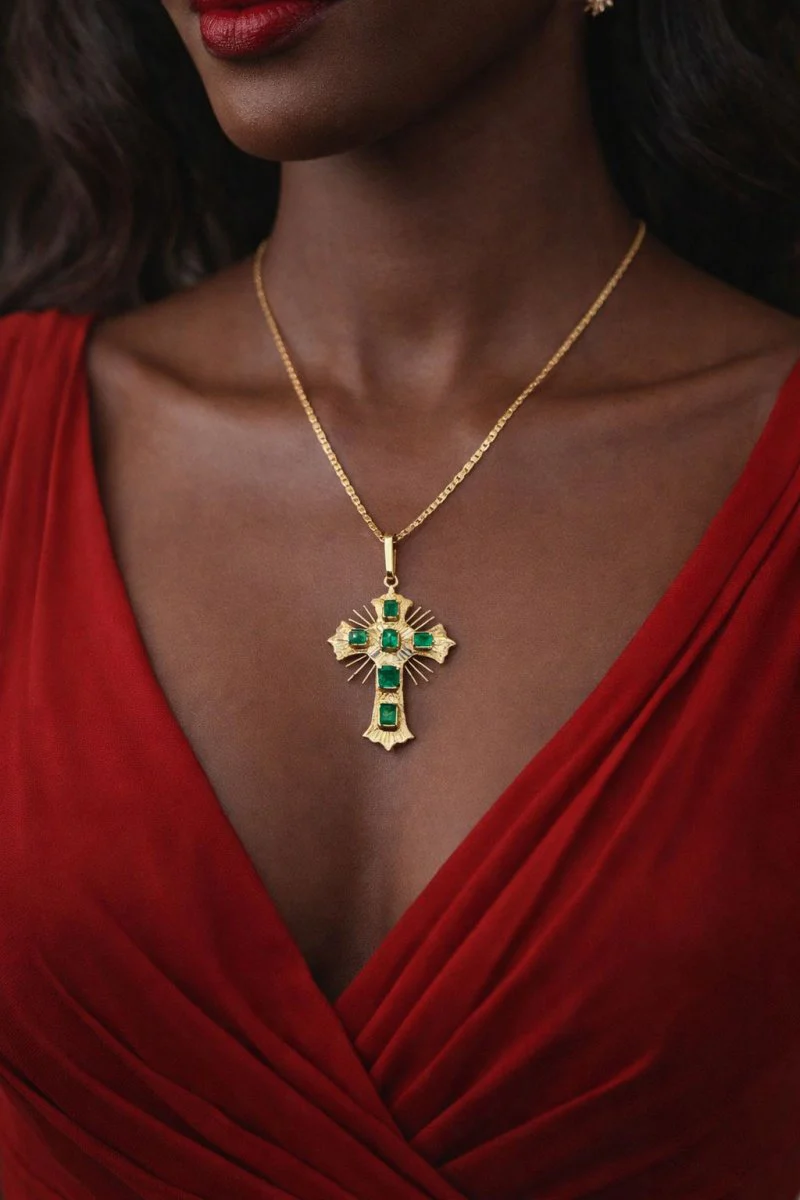 CRUZ FORMA COLGANTE WITH ESMERALDAS IN AMARILLO GOLD - Image 4