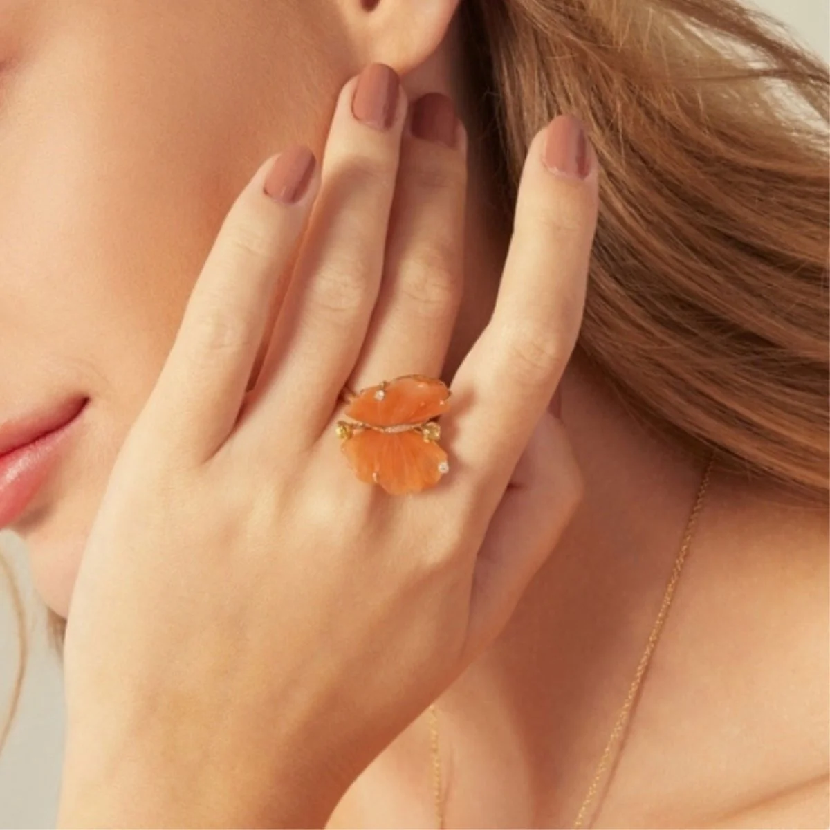 Yellow Gold Butterfly Ring with Quartzite and Diamonds - EU54 - Image 2