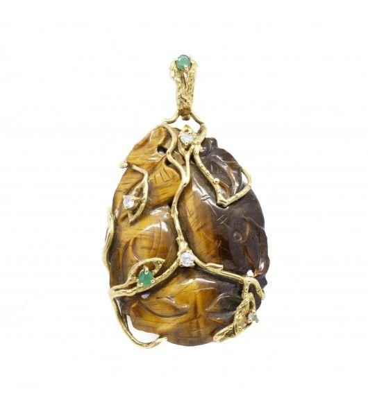 Pendant - Gold. Tiger's Eye. Diamonds and Emeralds