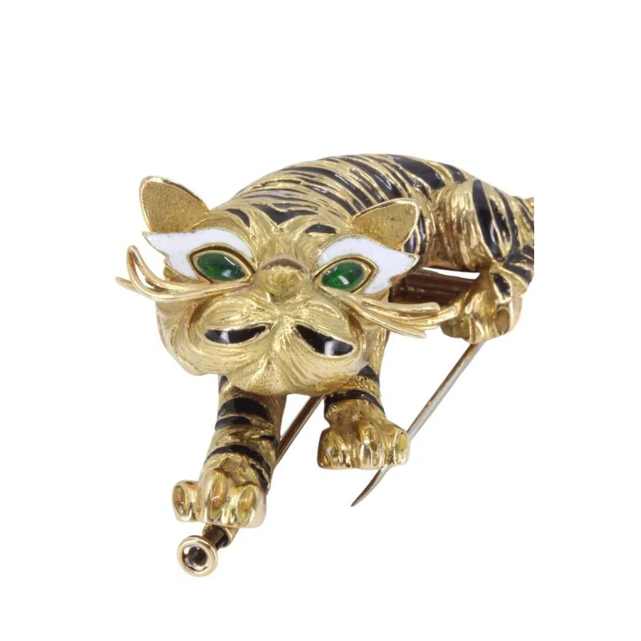Brooch/Pin in yellow gold, white gold, enamel and emeralds - Image 3