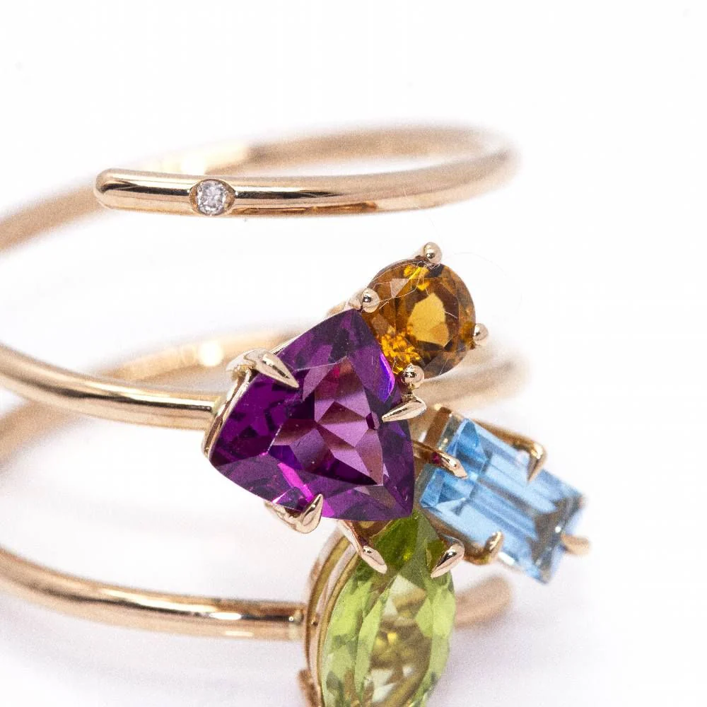 Cocktail Ring in Rose gold, Peridot, Topaz, Garnet, Tourmaline and Diamond - Image 6