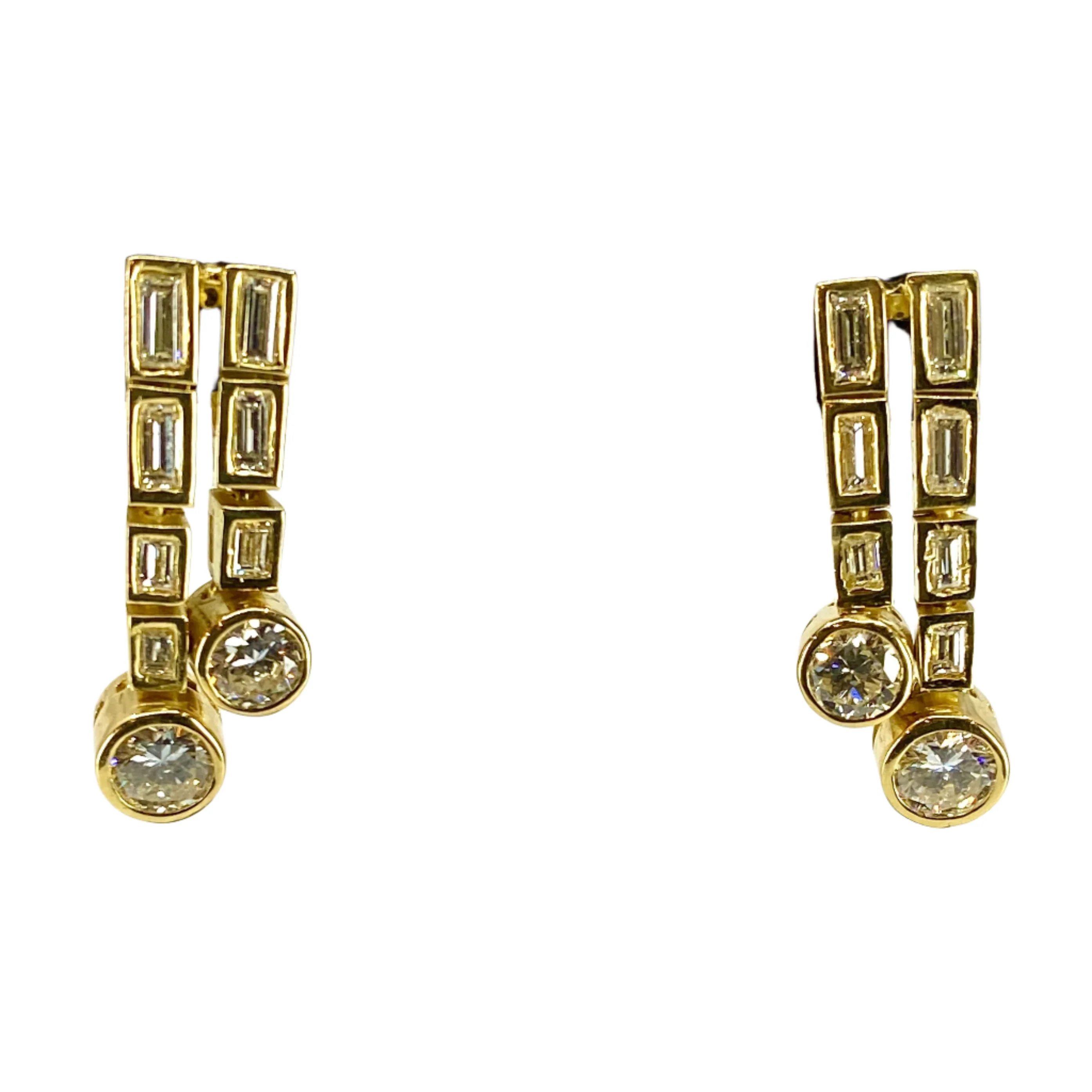 18k gold baguette and round diamond earrings