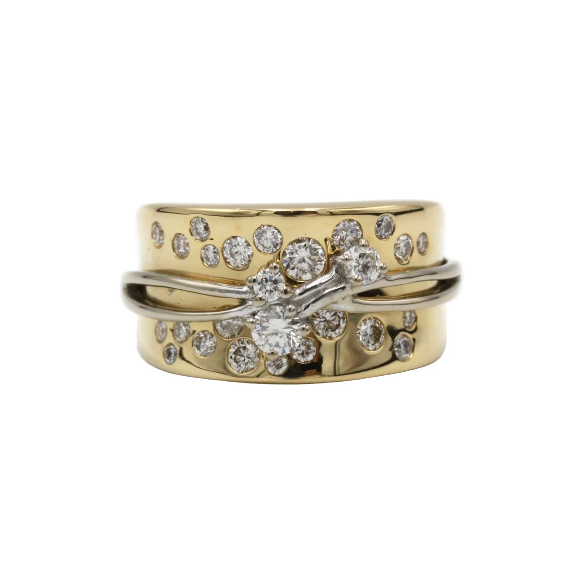 Bandeau ring in yellow gold, white gold and diamonds