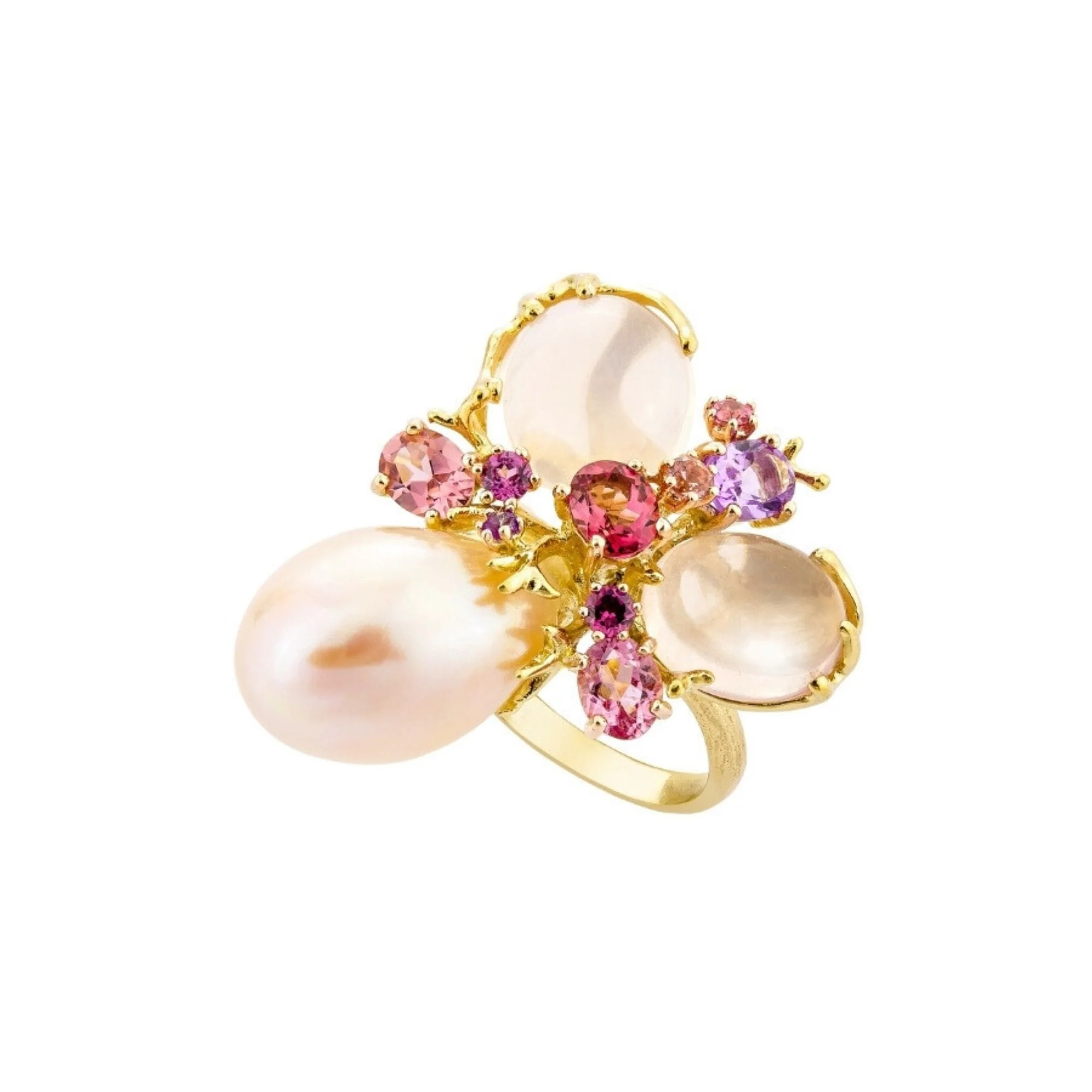 Divine Romance Ring in 18-carat yellow gold, pearl, and rose quartz – EU54