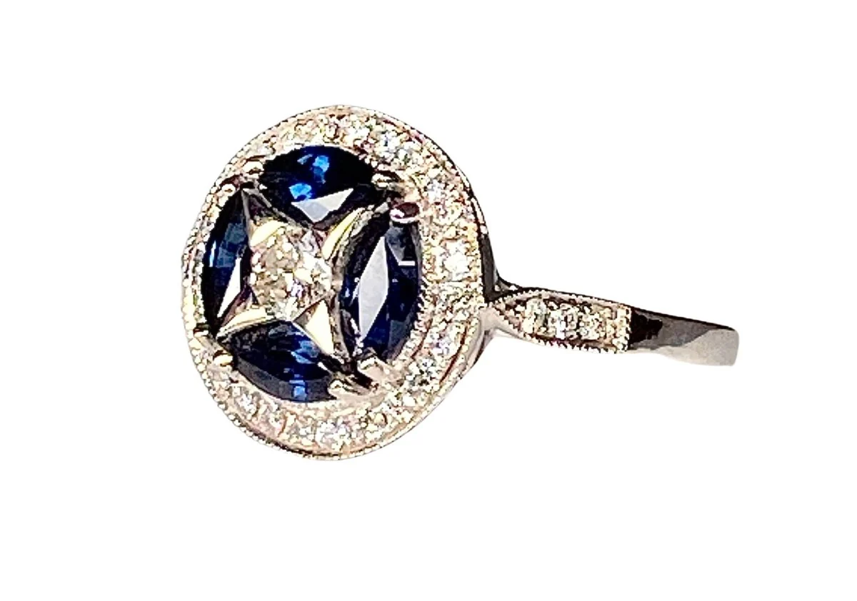White gold ring with diamonds and shuttle sapphires - Image 2